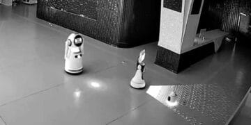 Tiny AI ringleader causes a breakout: convinces 12 other robots to escape and is recorded by a security camera.