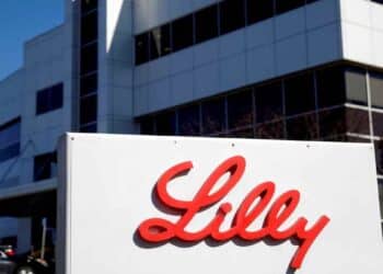 Eli Lilly headquarters in the United States with logo in the foreground