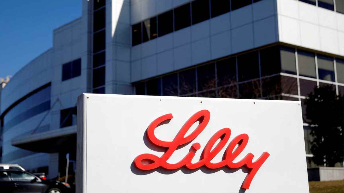 Eli Lilly headquarters in the United States with logo in the foreground