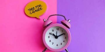 Pink alarm clock on pink and purple split background with the phrase 'Time for change' on a yellow globe.