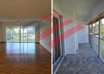 Interior of a beach house for sale by Bank of America for $300,000, located in Stuart, Florida.