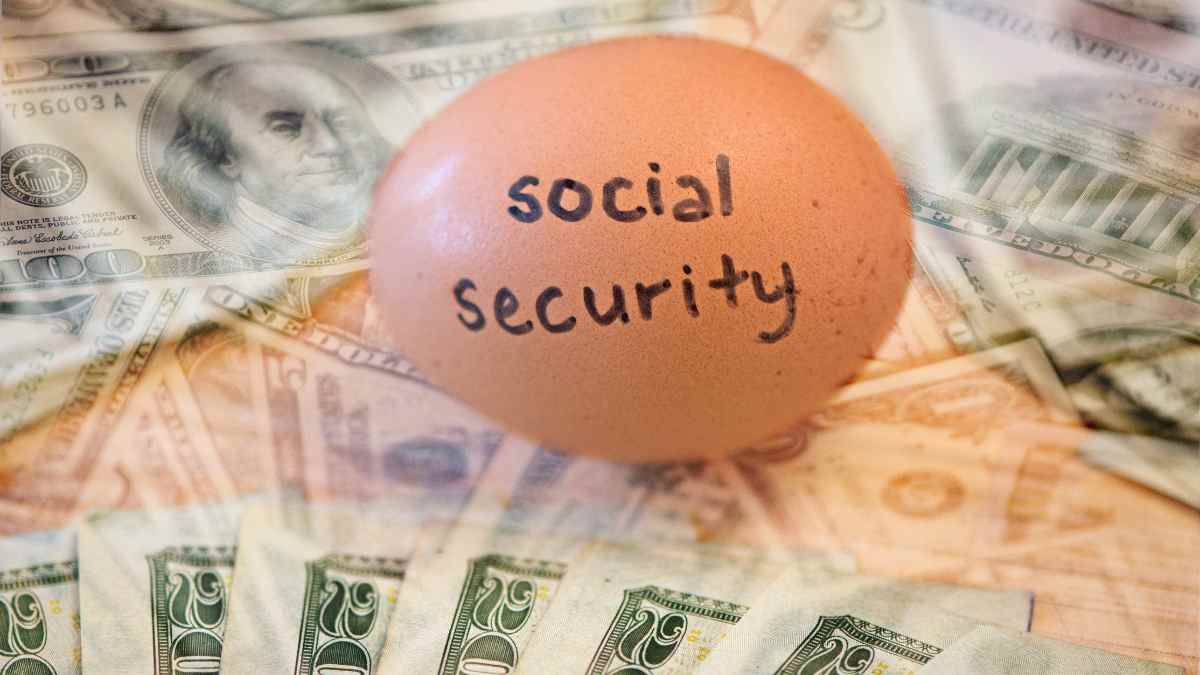 Egg labeled 'Social Security' on top of U.S. dollar bills, symbolizing retirement savings and pension benefits