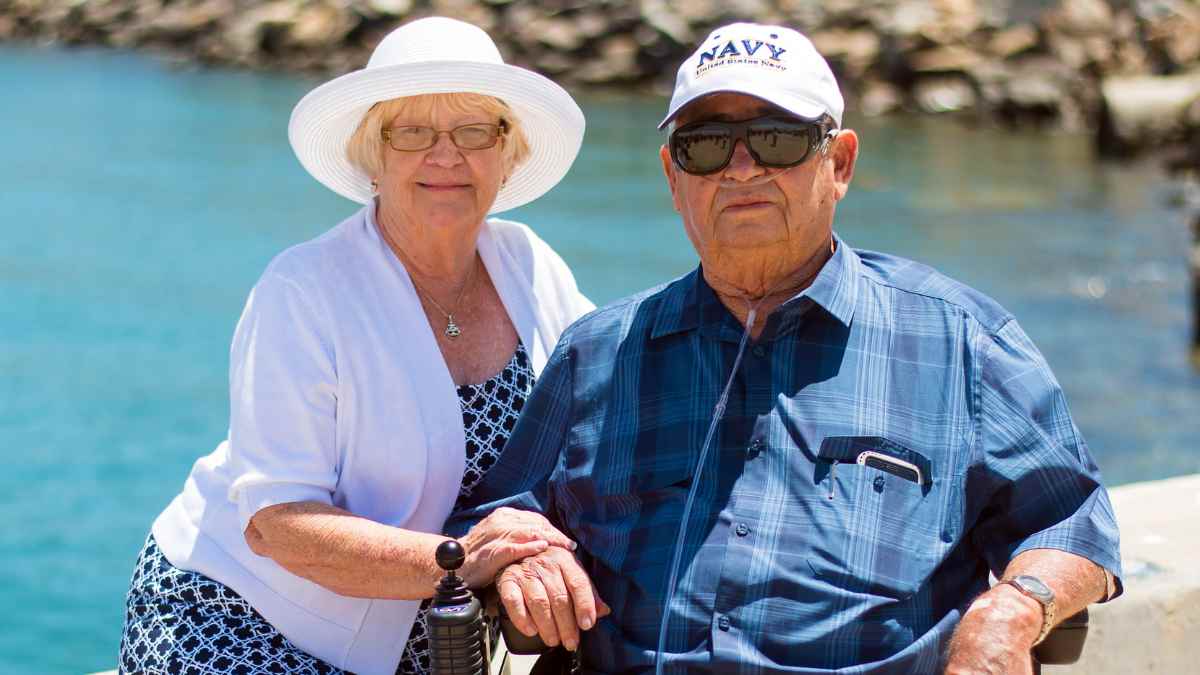 A retired couple enjoying the outdoors by the sea, representing retirement and well-being in old age