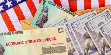 IRS economic stimulus check next to $100 bills and the US flag