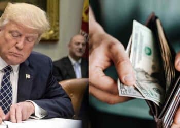 Donald Trump signing document next to person counting dollar bills, related to stimulus checks and direct payments in the US.