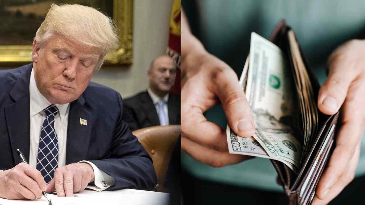 Donald Trump signing document next to person counting dollar bills, related to stimulus checks and direct payments in the US.