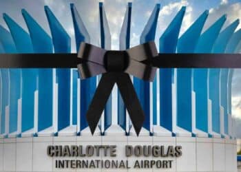 Charlotte Douglas Airport with a black ribbon as a sign of mourning