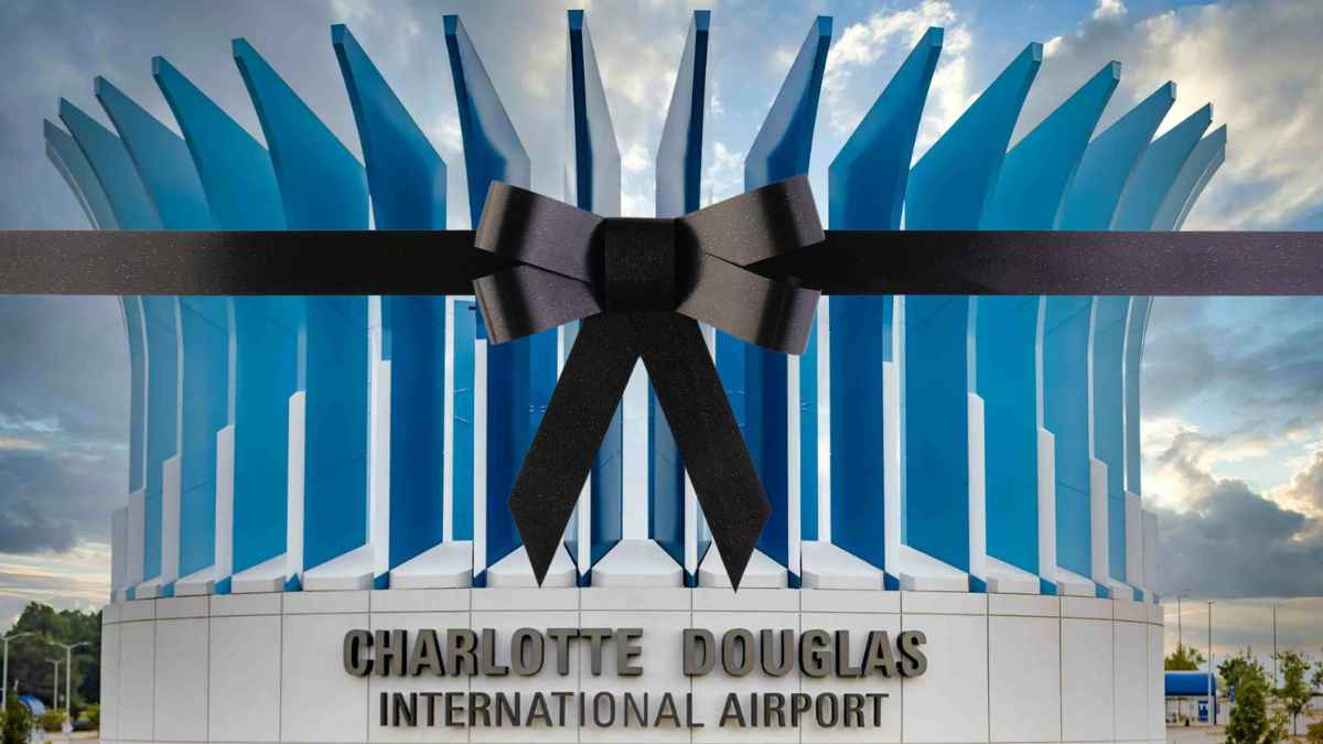 Charlotte Douglas Airport with a black ribbon as a sign of mourning