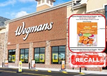 Wegmans chicken nuggets recall due to bone fragments. Image of a Wegmans store with a recall alert and affected product details