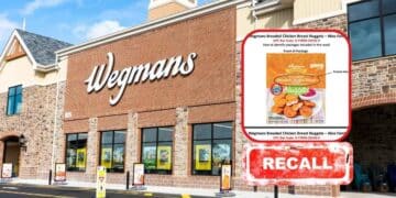 Wegmans chicken nuggets recall due to bone fragments. Image of a Wegmans store with a recall alert and affected product details