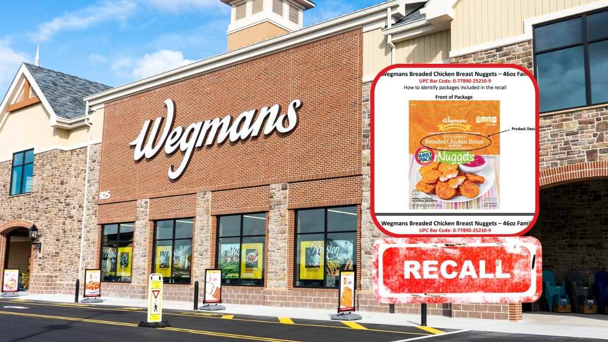 Wegmans chicken nuggets recall due to bone fragments. Image of a Wegmans store with a recall alert and affected product details