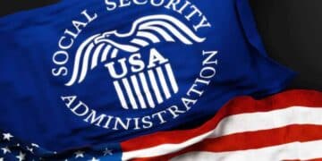 ocial Security Administration USA logo on a blue flag with the American flag in the background. Process to apply for a Social Security Number in the United States