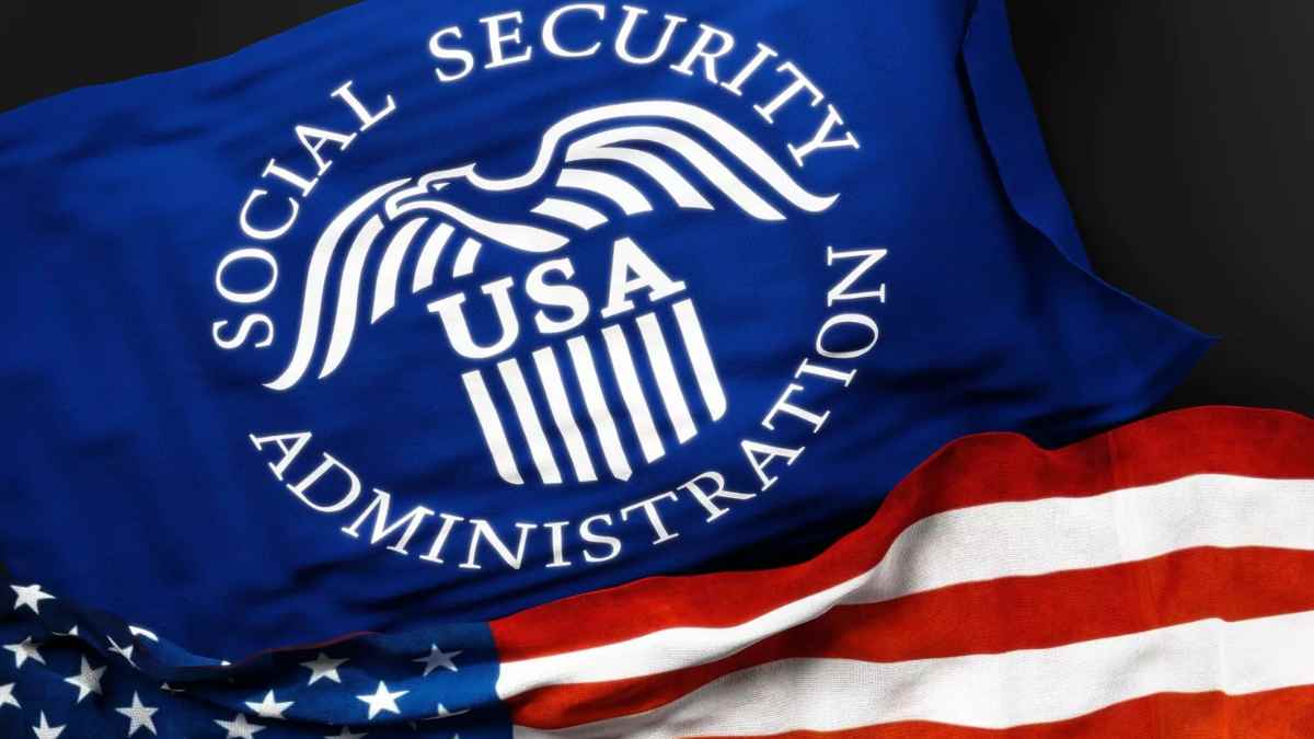 ocial Security Administration USA logo on a blue flag with the American flag in the background. Process to apply for a Social Security Number in the United States