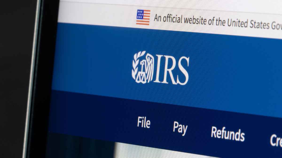 IRS website homepage showing logo and navigation links for filing, paying, and checking refunds
