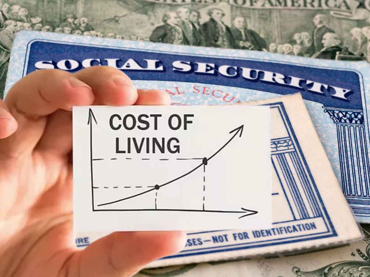 Hand holding a “Cost of Living” chart above a Social Security card, illustrating 2025 COLA increase finally outpacing inflation for retirees