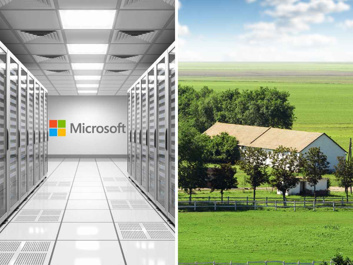 Split image showing a Microsoft data-center corridor beside lush Ohio farmland, symbolizing the company’s pivot from servers to agriculture