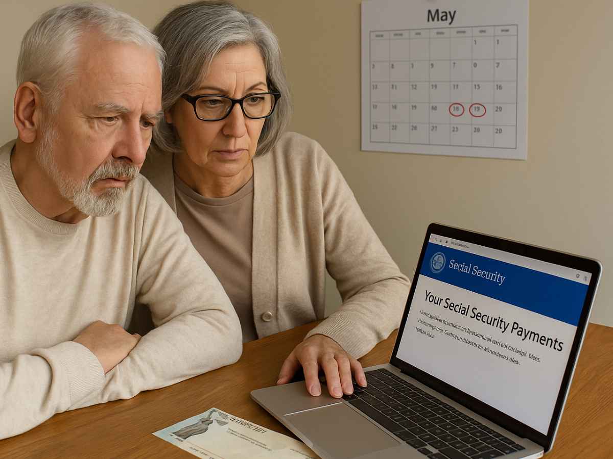 Elderly couple checking May 21 and May 27 Social Security payment dates on laptop at home