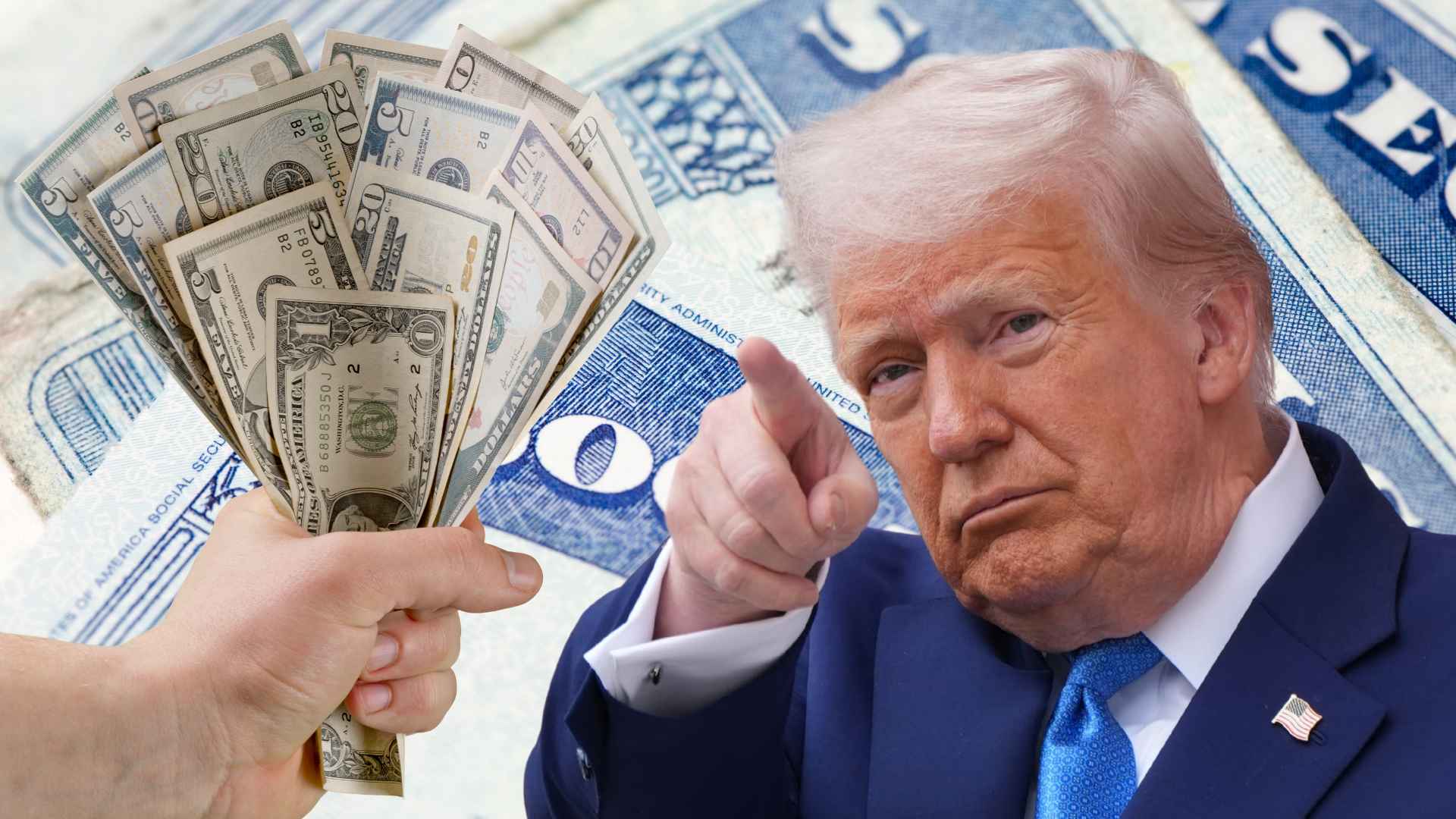 Close-up of a hand fanning U.S. bills beside a suited man pointing forward, set against a blurred Social Security card backdrop—visualizing 2025 state stimulus checks.