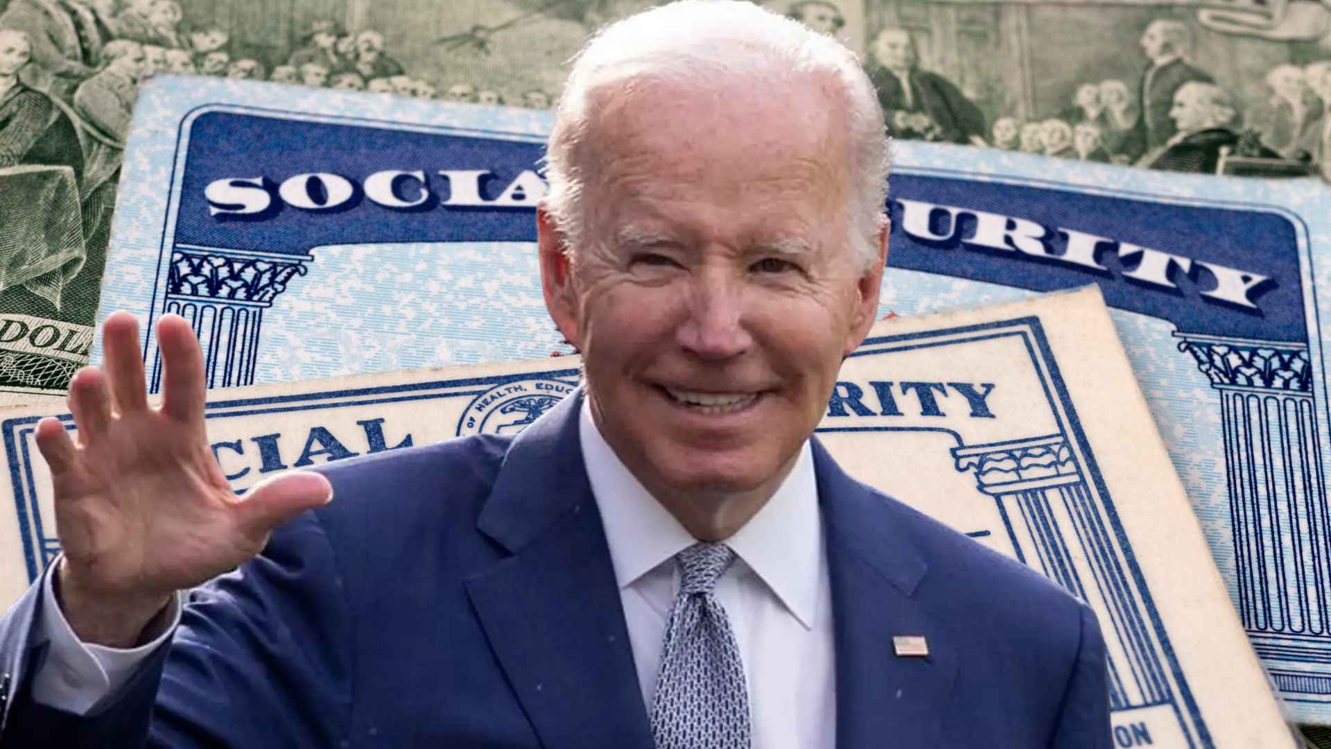older man in navy suit waving with social security cards behind him, symbolizing new full retirement age of 66 years 10 months