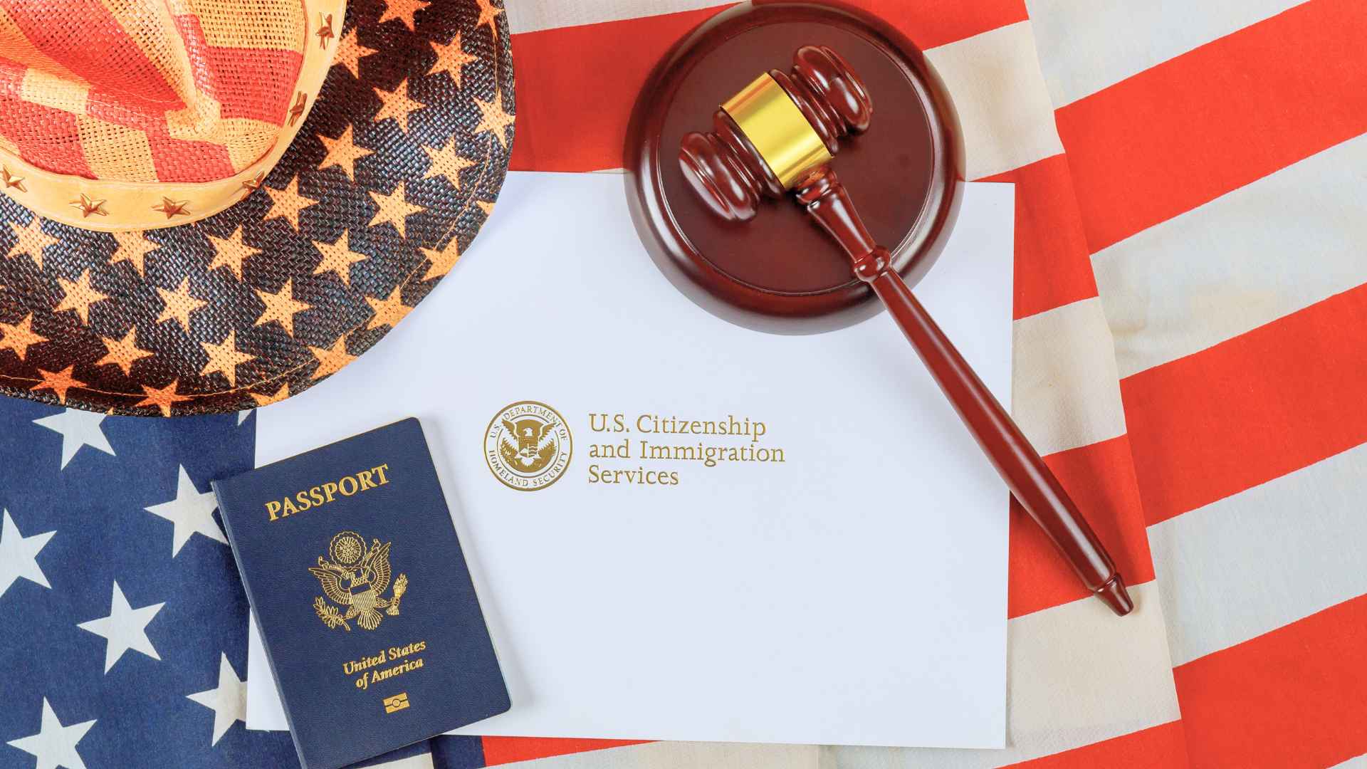 U.S. Citizenship and Immigration Services documents with passport, gavel, and American flag.