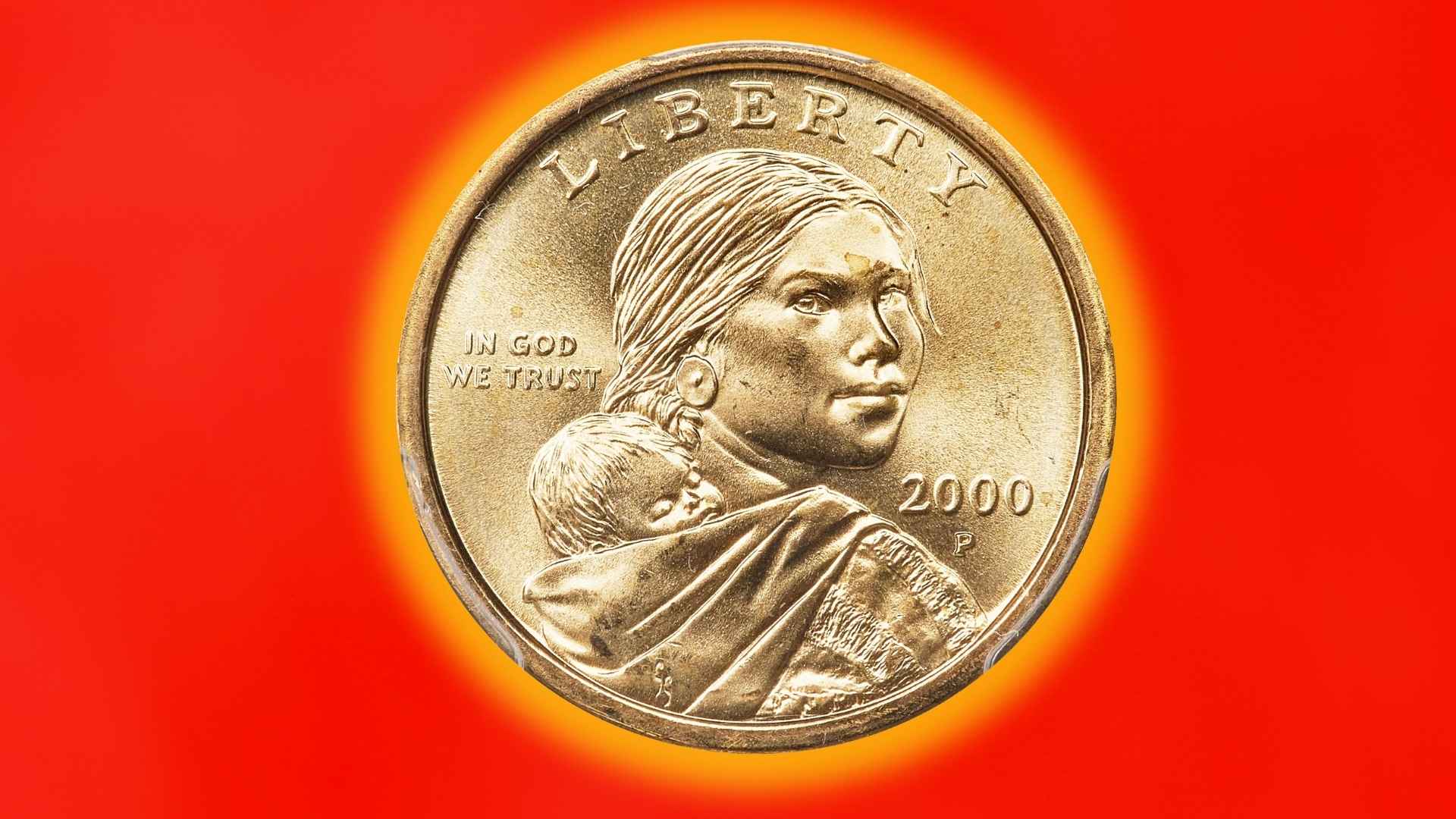 Rare 2000-P Goodacre Sacagawea dollar coin with satin finish, close-up on red background, valued at over $4,000