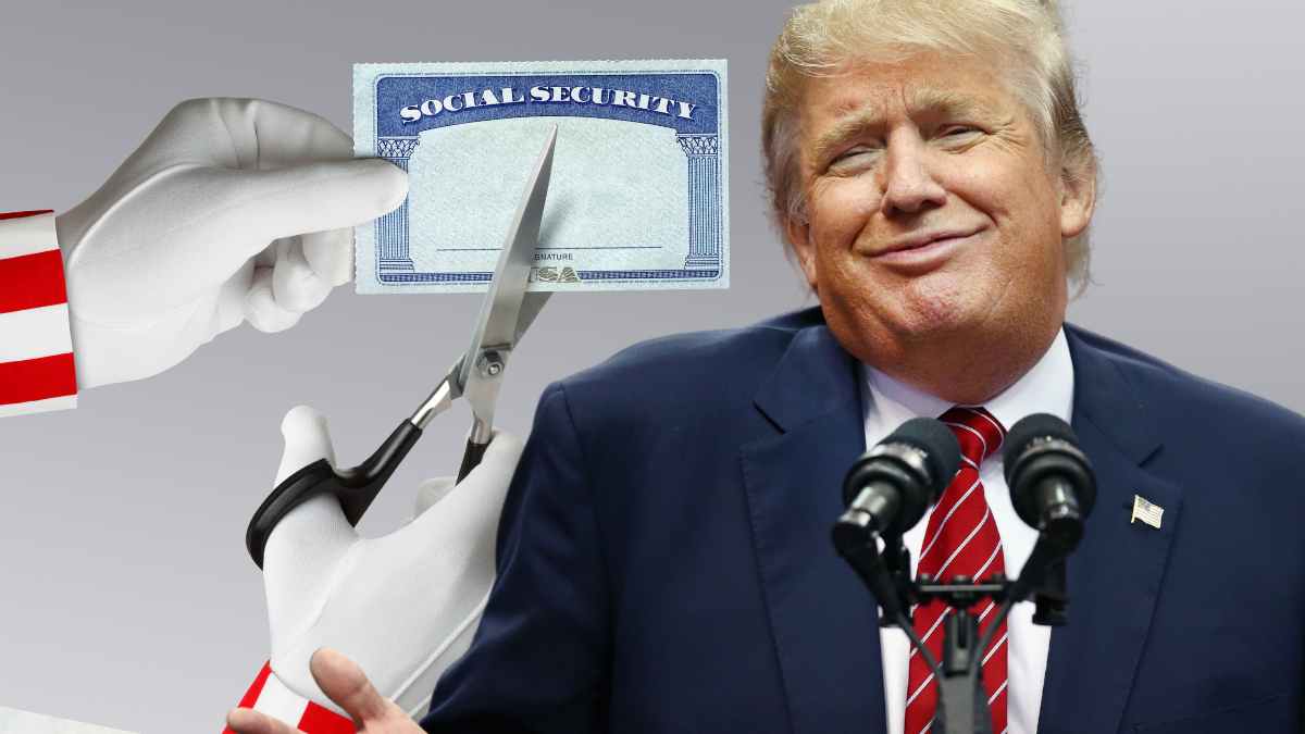 Uncle sam hand cuts social security card while smiling Donald Trump looks on, symbolizing possible benefit cuts for retirees in may 2025
