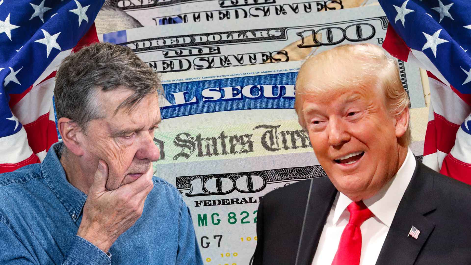 Man thinking about retirement with Social Security benefits and U.S. flag, alongside Donald Trump and money.