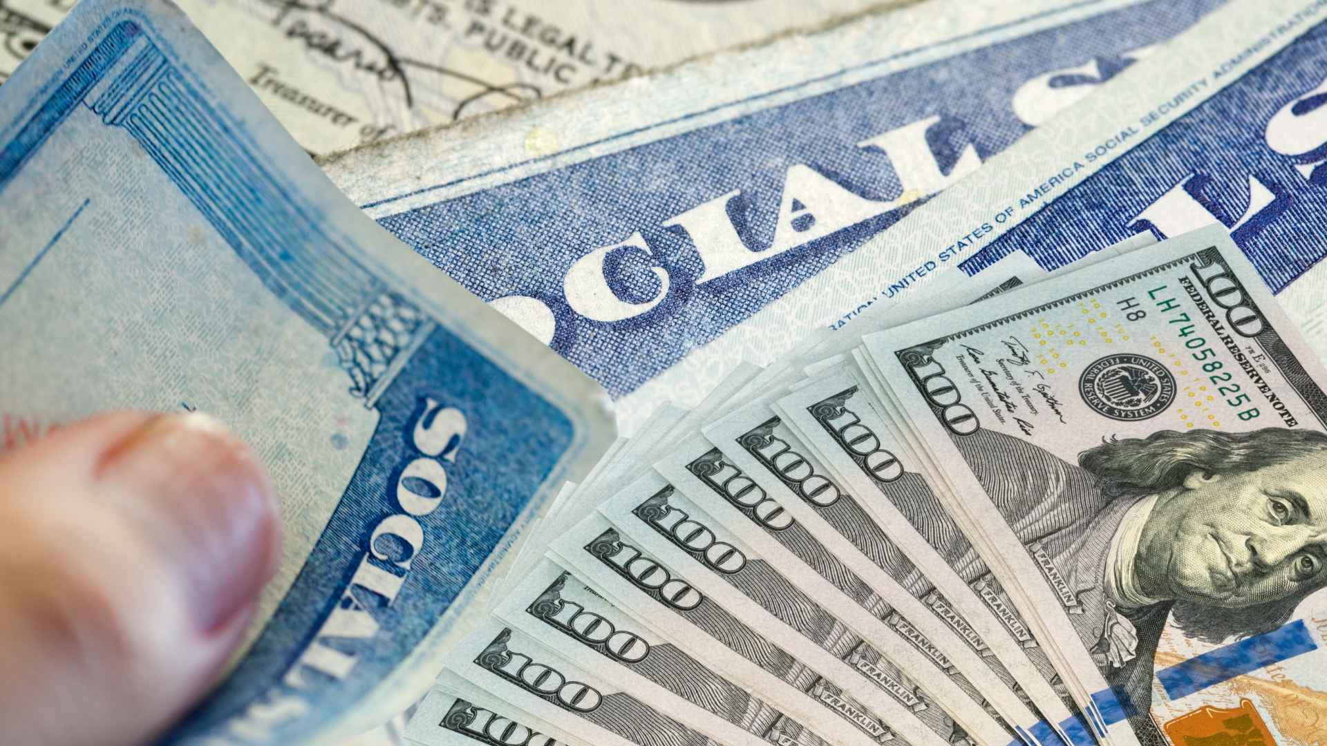 Social Security cards and hundred-dollar bills illustrating 32k and 44k income thresholds that trigger taxes on benefits