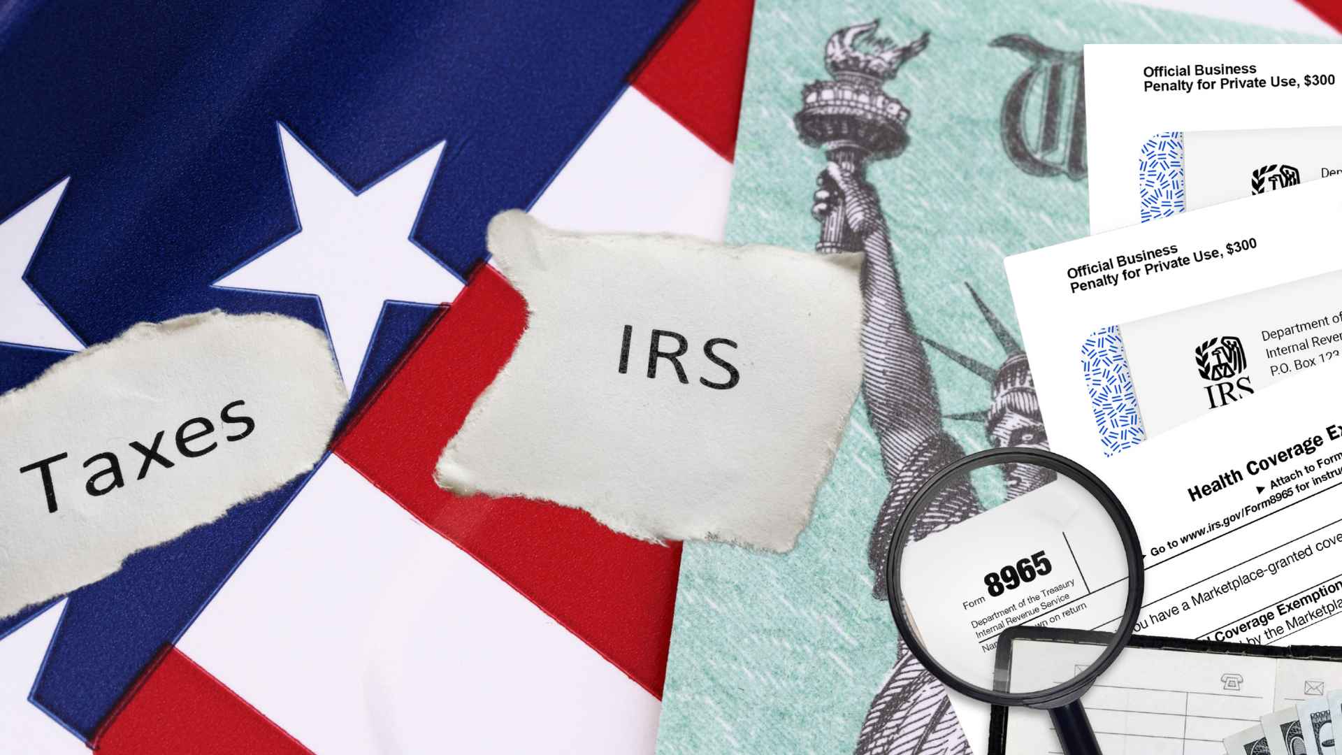 IRS tax notices, Treasury check, and magnifying glass on Form 8965 illustrating penalties for bounced payments with insufficient funds