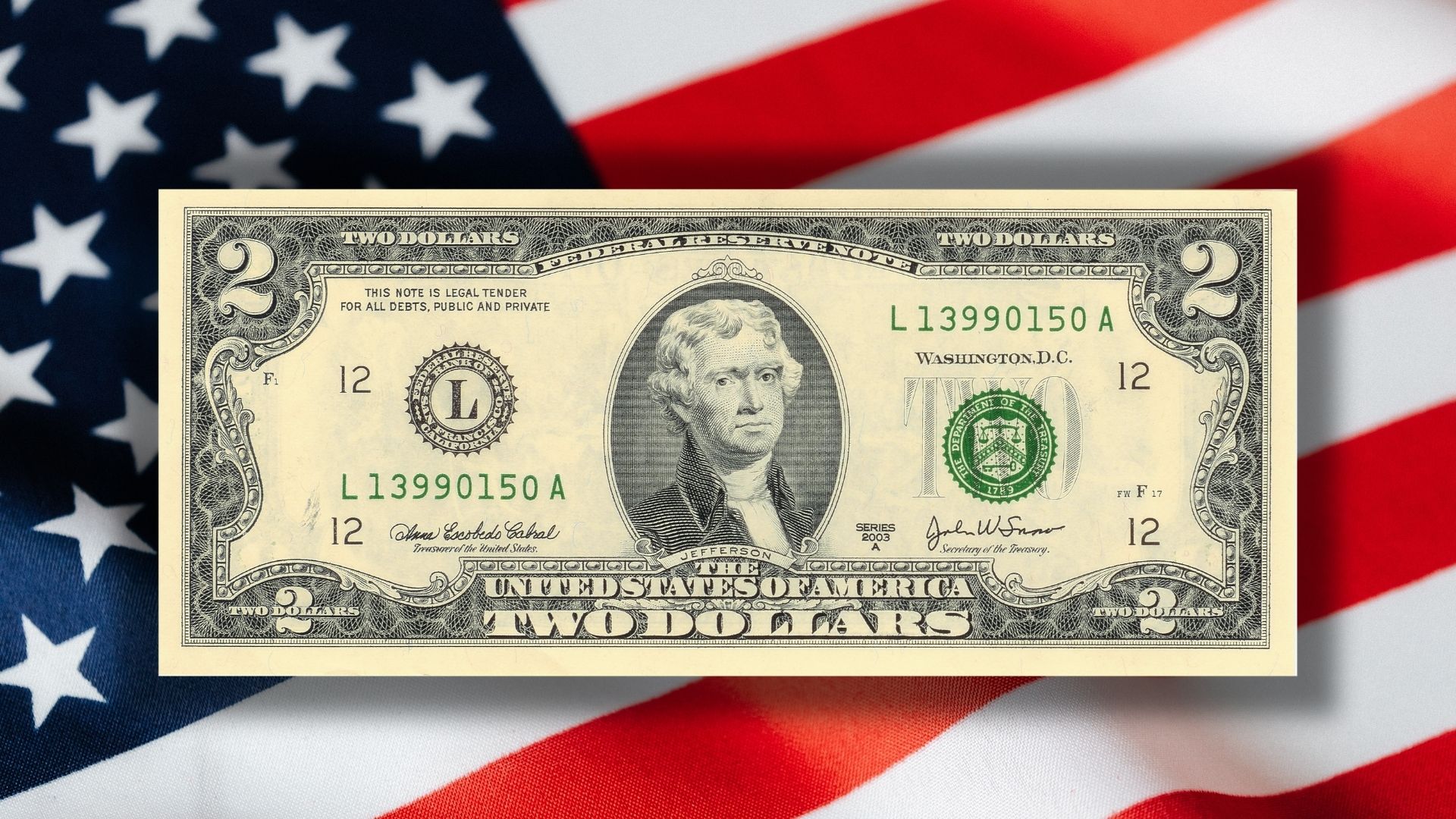 Close-up of a rare Jefferson $2 bill with low serial number L13990150A set against an American flag background