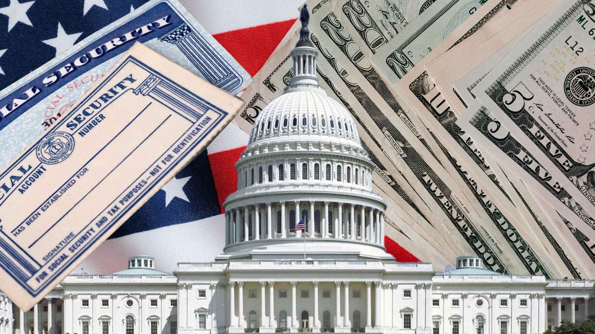 U.S. Capitol building in front of an American flag and U.S. dollar bills, symbolizing the Social Security cuts debate
