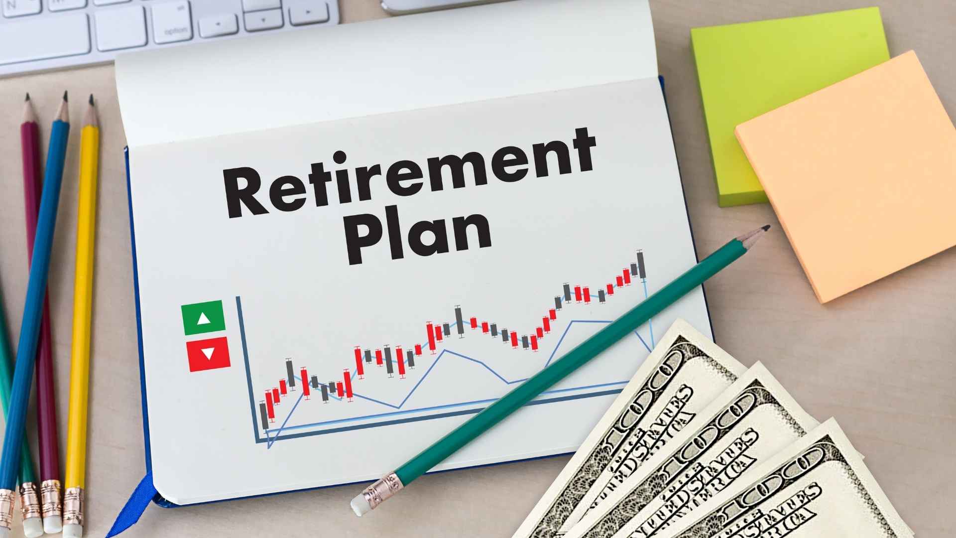 Notebook titled “Retirement Plan,” upward-trend chart, cash, and pencils illustrating 2025 Social Security retirement-age changes.