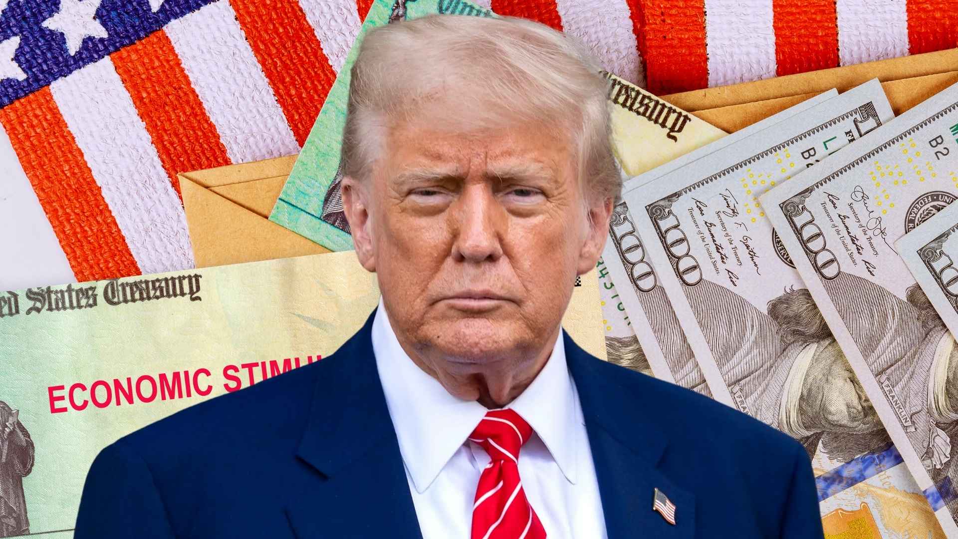 Man in suit with red tie in front of U.S. Treasury stimulus check, cash and American flag, illustrating 2025 $400 stimulus payments for families