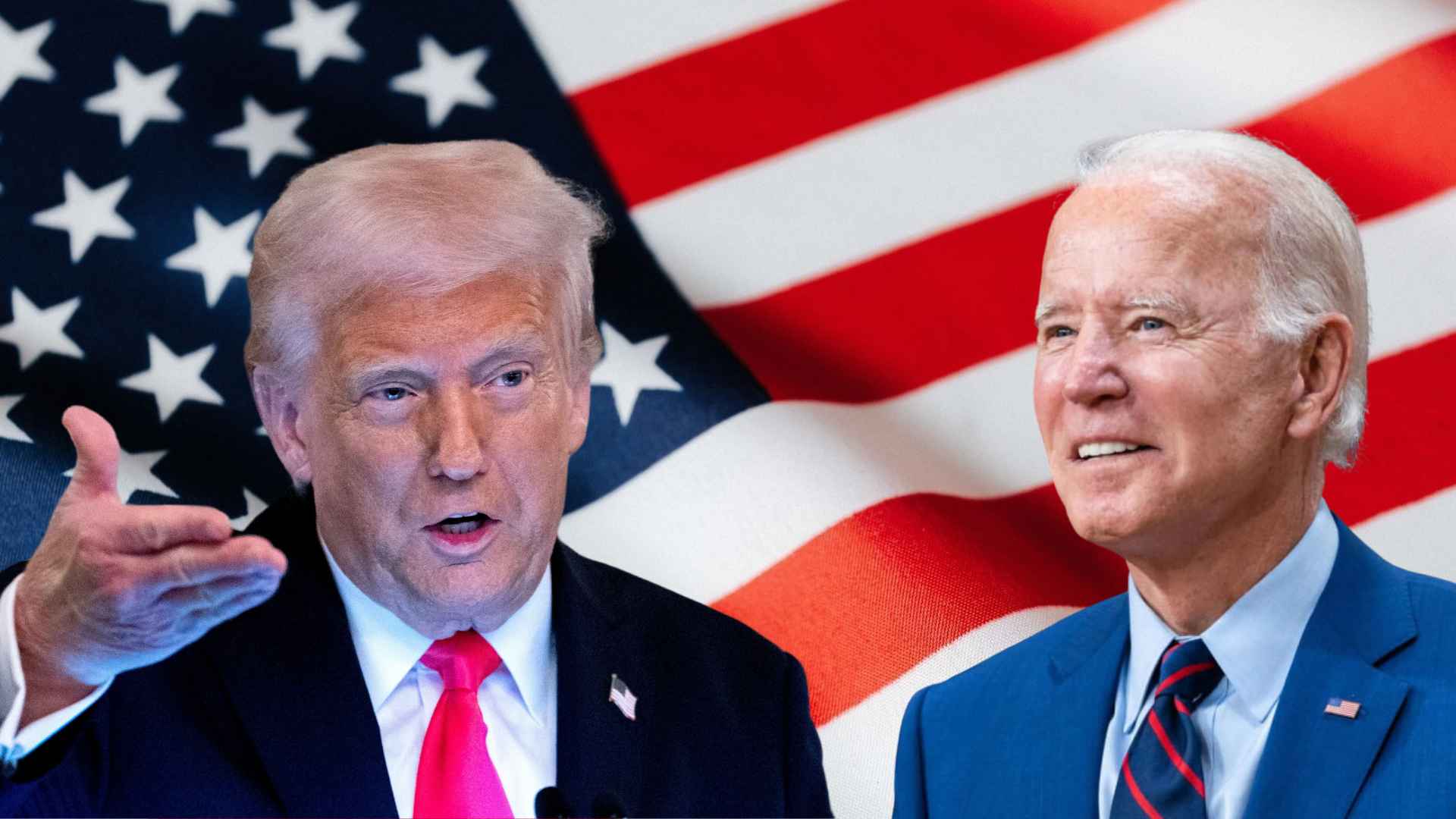 Trump and Biden in front of American flag during debate on Social Security benefit losses for older Americans.