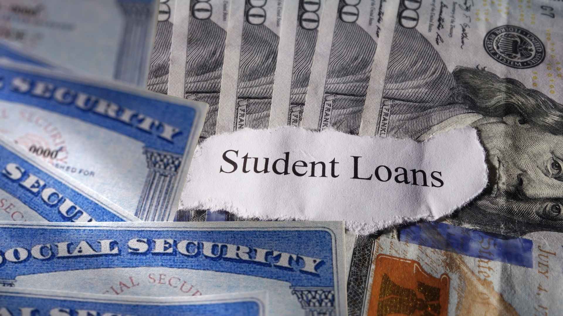 Social Security cards, $100 bills and a “Student Loans” label illustrate benefit offsets that can cut income for older Americans.