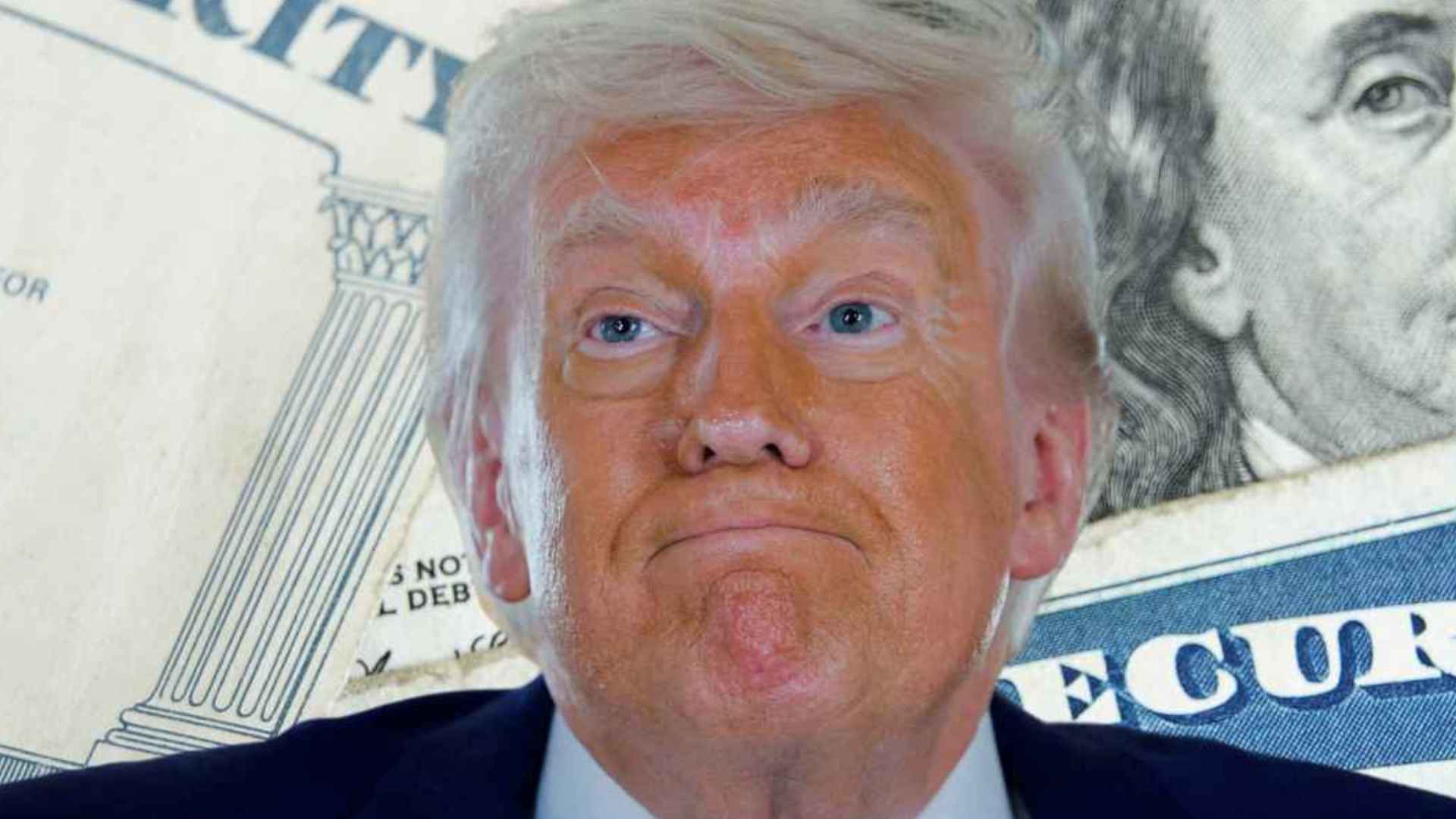 Trump against Social Security card and hundred-dollar bill background, illustrating 2025 Social Security benefit changes.