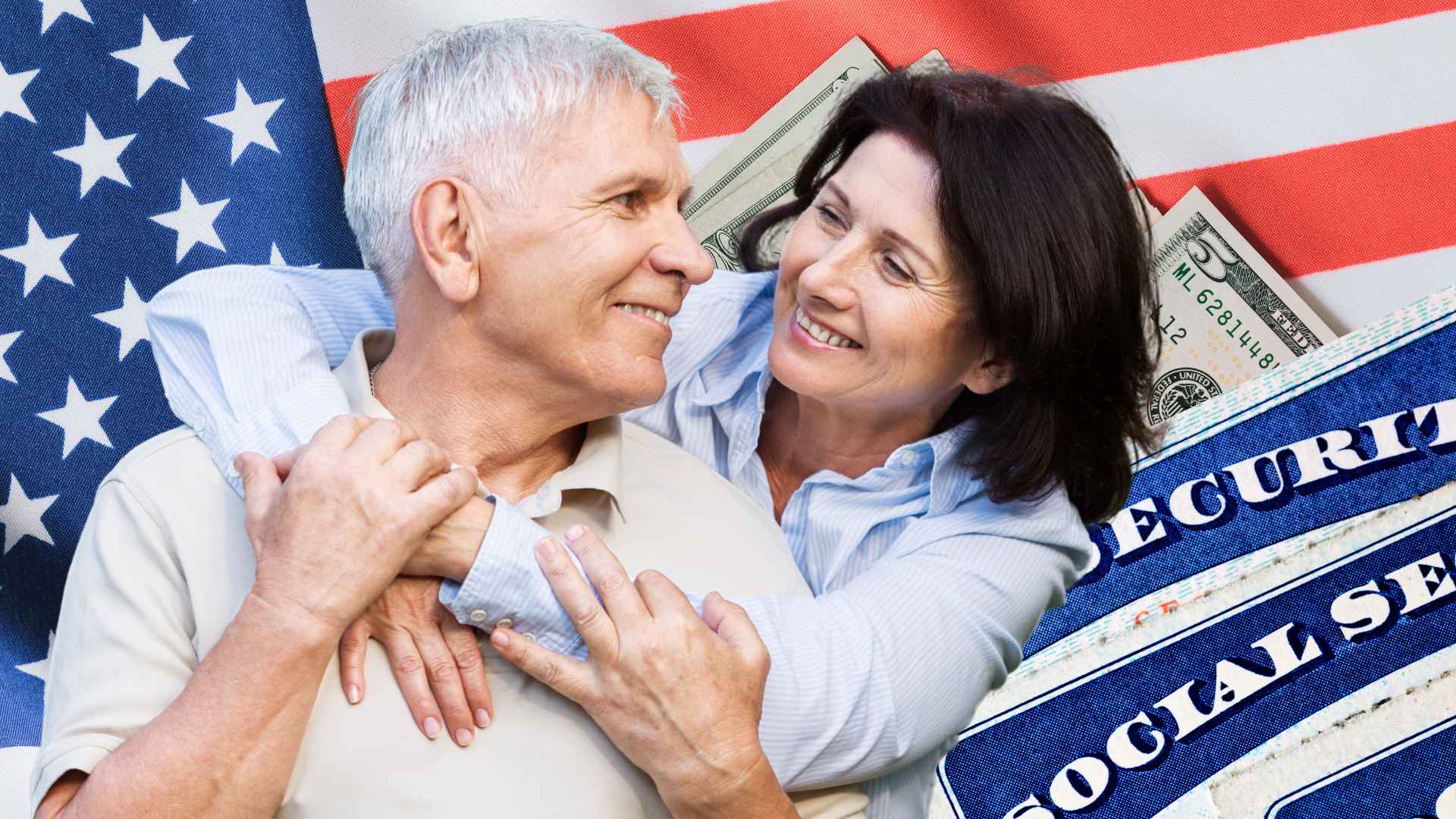 Senior couple smiling in front of an American flag with a Social Security card and dollar bills