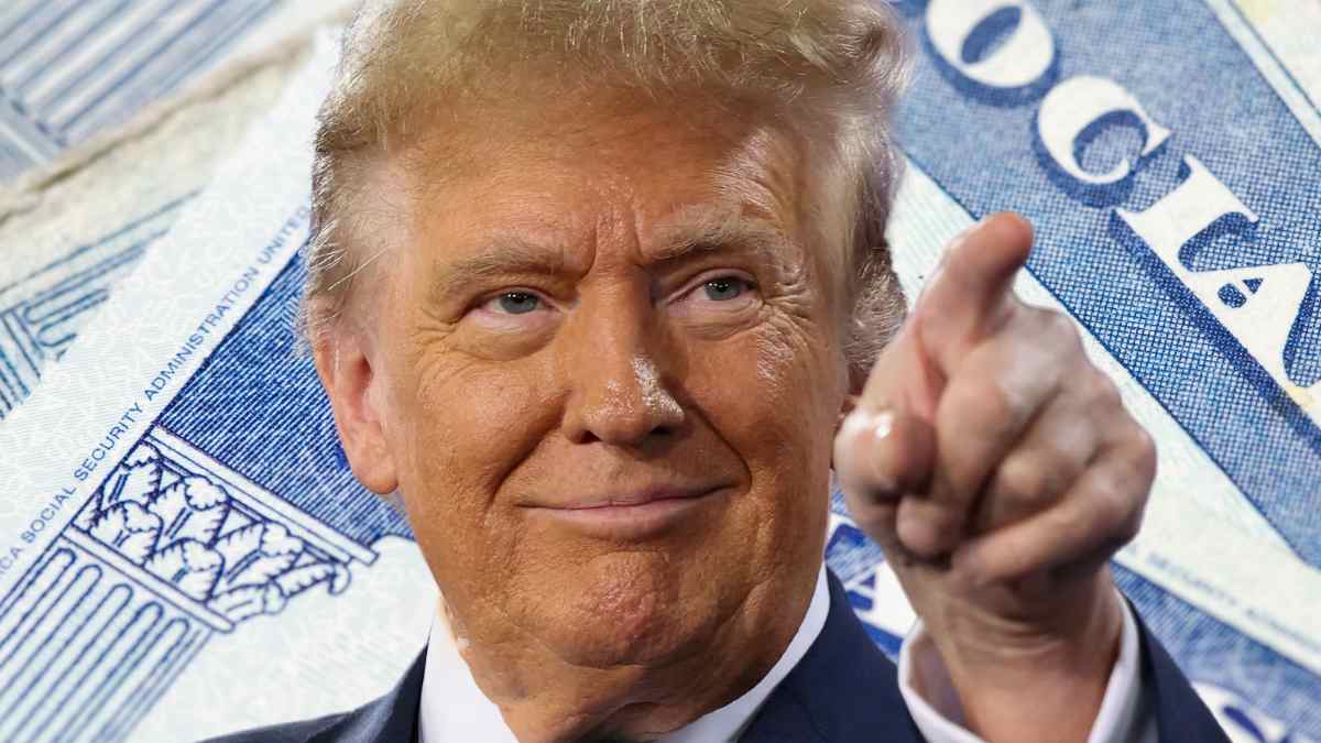 Donald Trump pointing at viewer in front of an oversized Social Security card, symbolizing the projected 2026 COLA bump