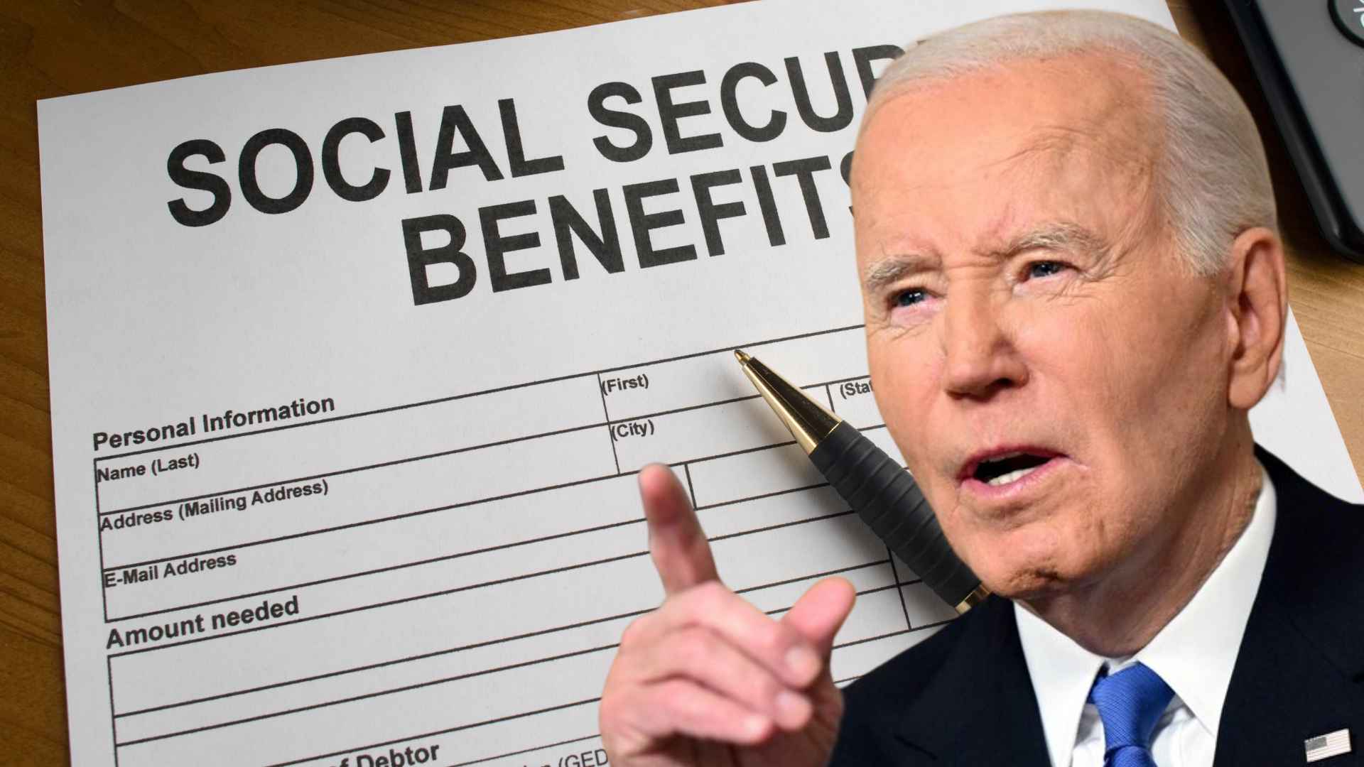 President Joe Biden gestures in front of a Social Security benefits form and pen, illustrating upcoming payment increases.