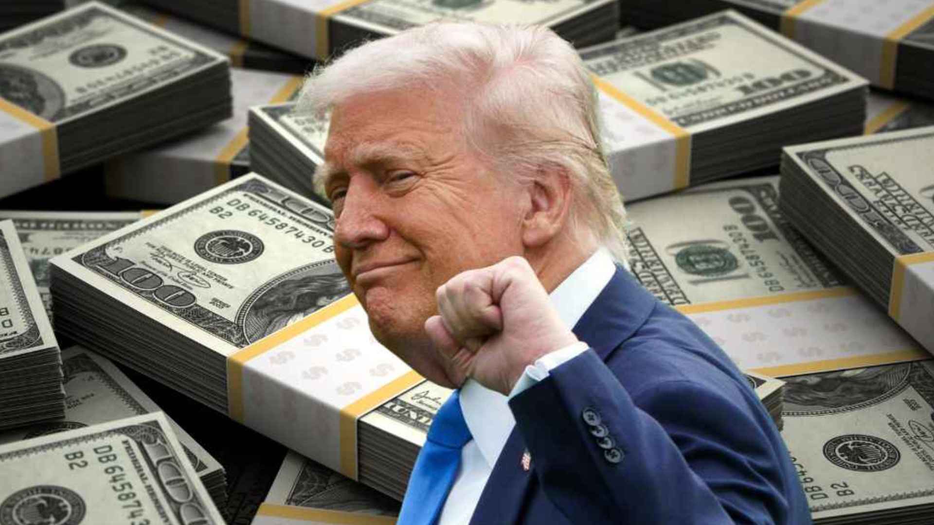 Former U.S. President raising fist in front of piles of $100 bills, symbolizing Social Security payments tied to 7–17–1999 birth dates or claim history