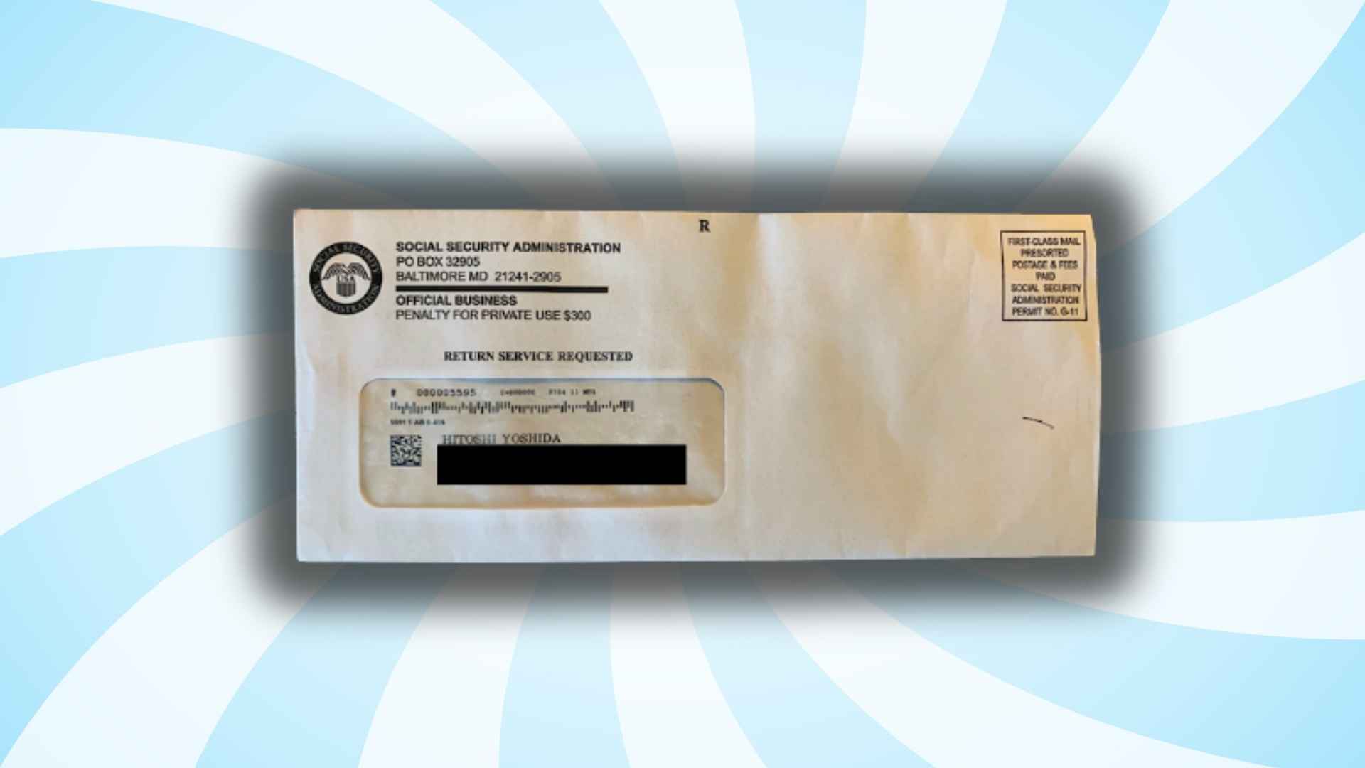 Official Social Security Administration envelope with $70,000 overpayment notice sent to a 65-year-old Ohio widow.