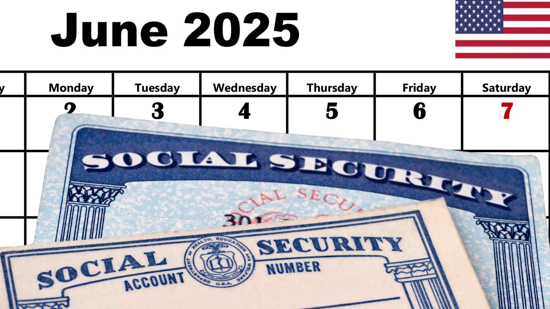 Calendar for June 2025 with Social Security cards highlighting benefit payment dates — June 3, 12, 18 and 25.