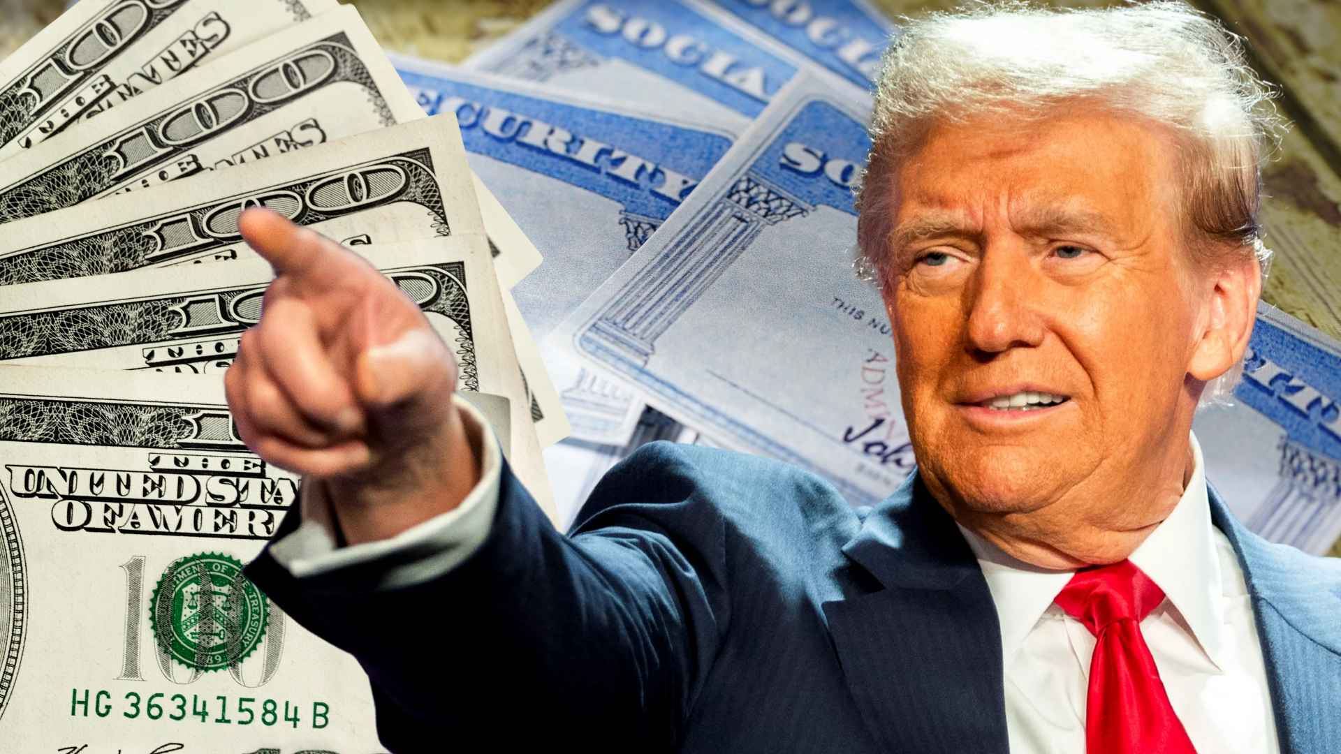 Donald Trump pointing in front of U.S. dollar bills and Social Security checks