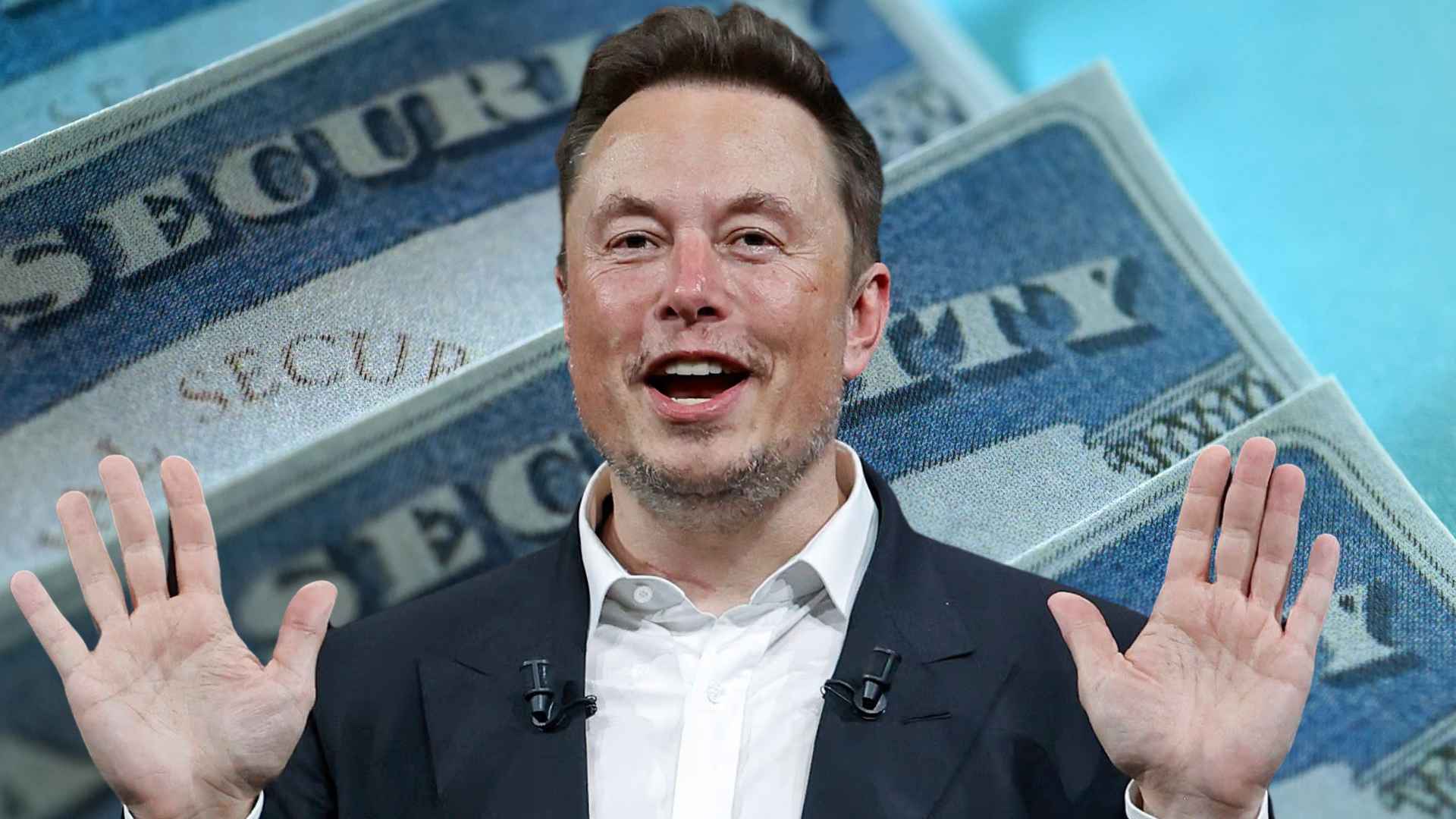 Elon Musk raises his hands before a backdrop of Social Security cards, symbolizing the government’s U-turn on retirement application changes.