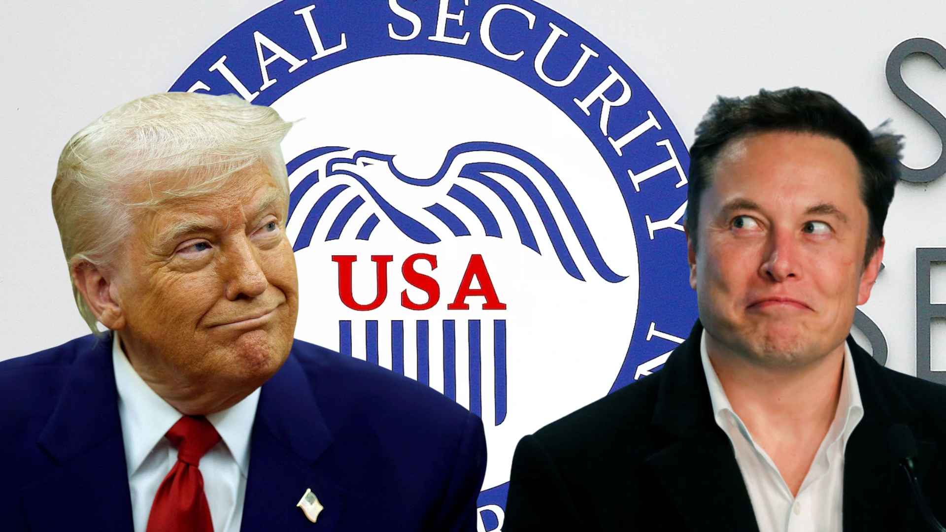 Former President Donald Trump and DOGE chief Elon Musk in front of Social Security seal after policy reversal.