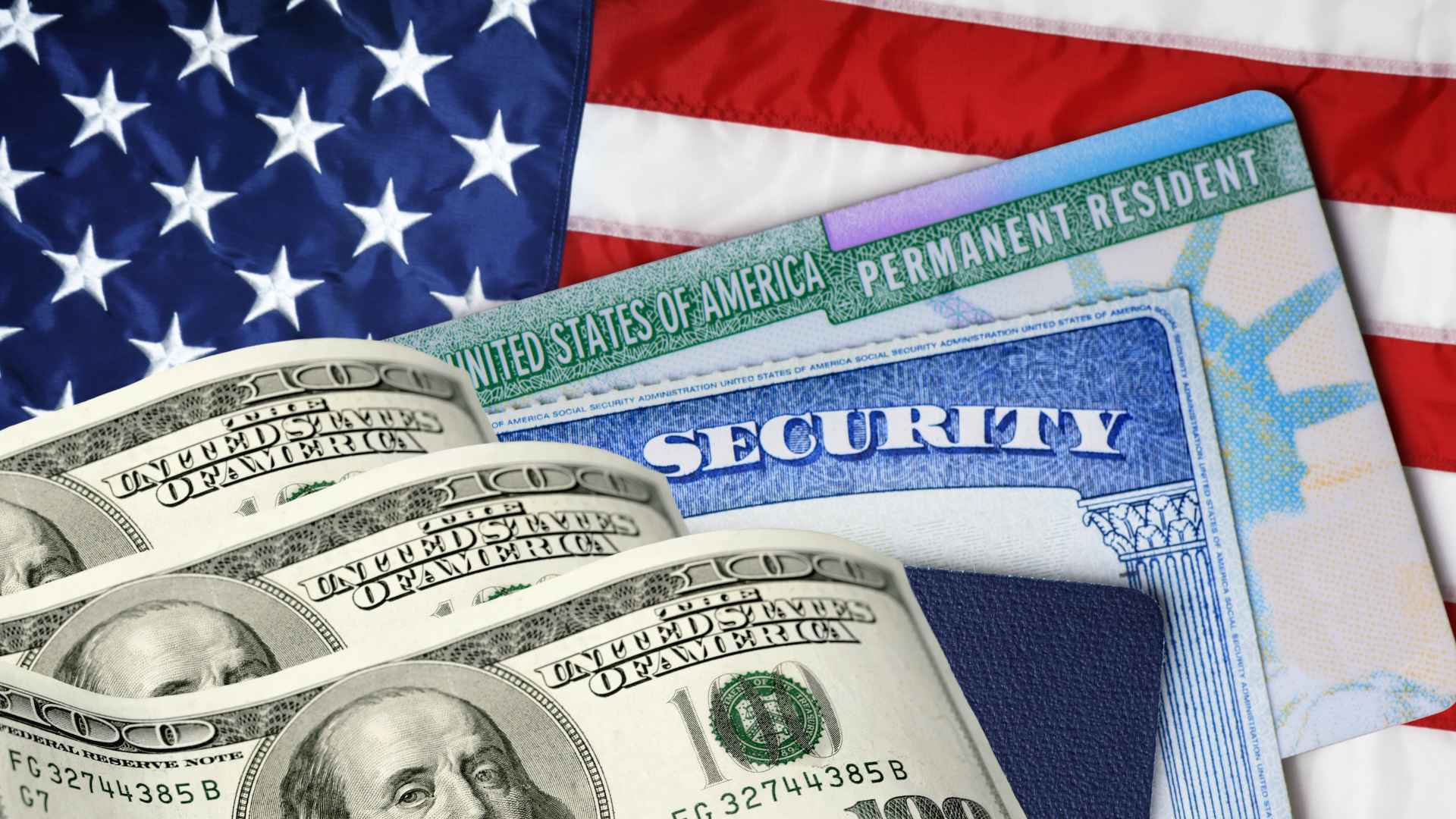 US Social Security card, permanent resident card and hundred-dollar bills against an American flag backdrop.
