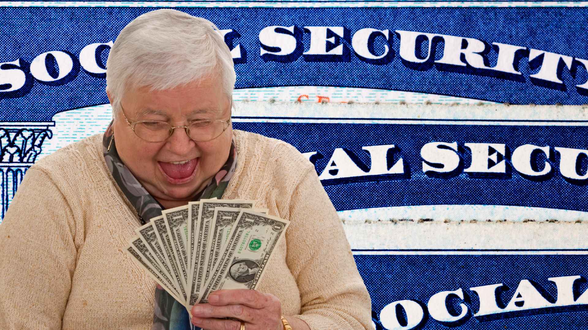 Smiling female retiree holds dollar bills in front of Social Security card backdrop, signaling average benefit topping $2,000.