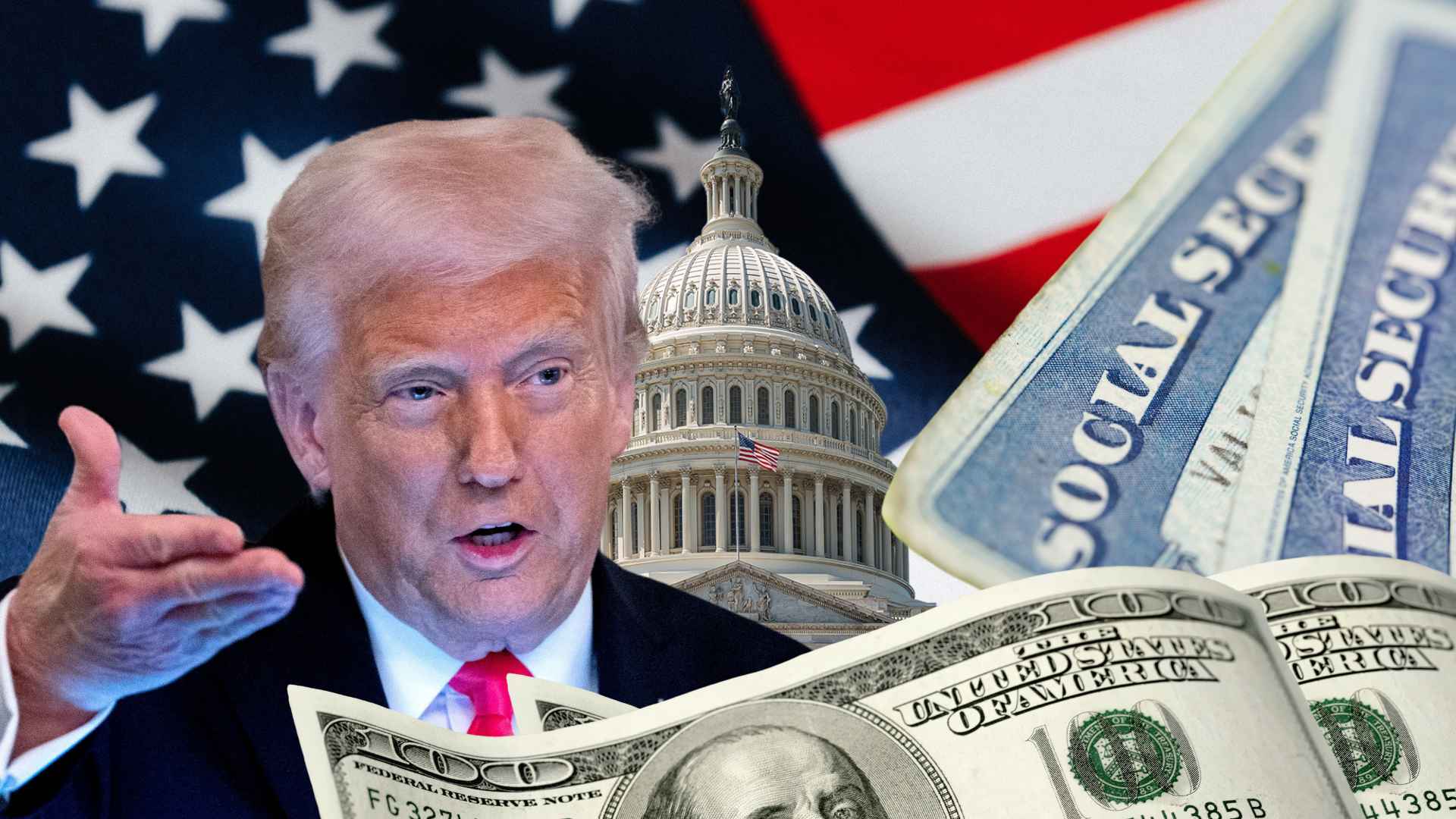 Male politician gesturing in front of the U.S. Capitol, American flag, Social Security cards, and dollar bills — symbolizing June benefit garnishments.