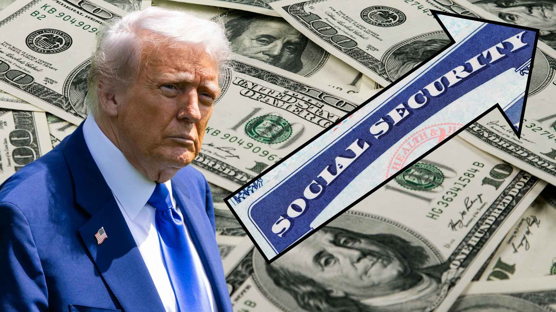 Man in blue suit with flag lapel pin against a backdrop of hundred-dollar bills and an upward-pointing Social Security arrow illustrating reduced lifetime benefits for early claimants
