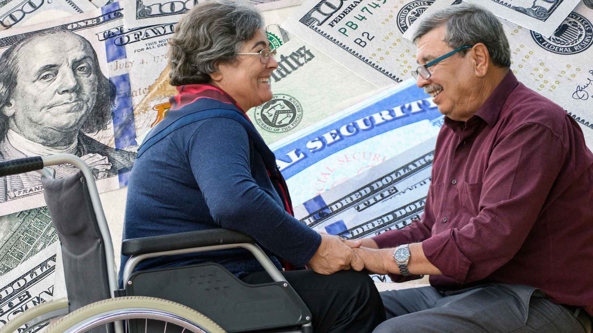 Elderly married couple holding hands in front of a Social Security check and U.S. dollar bills, symbolizing SSI benefits.